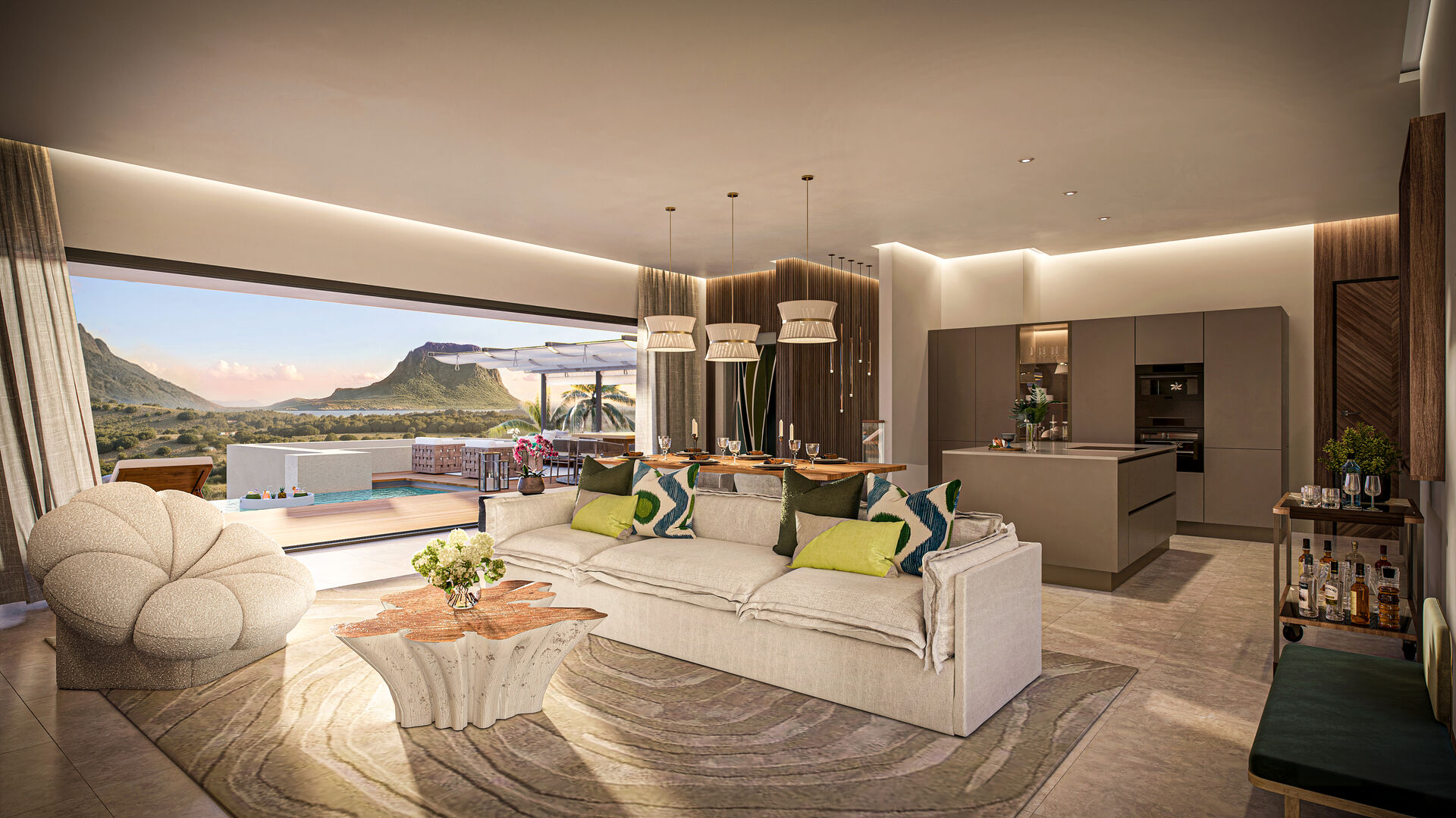 27 Degree West villa 4  CGI 12 Living dining view 