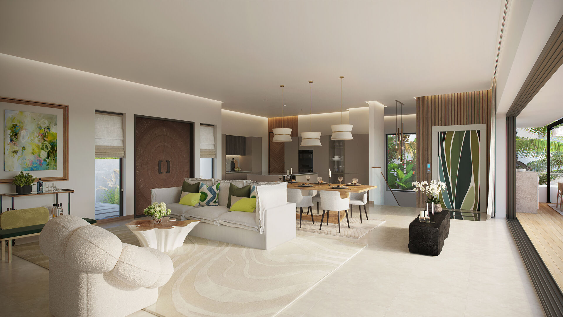 27 Degree West villa 1  CGI 5  Dining Living Kitch
